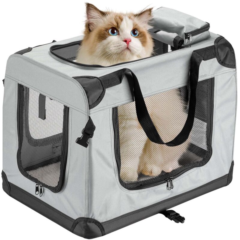 Faltbare Transportbox für Hunde, Katzen m (60x42x44cm), robust, leicht, sicher, Hundebox mit Tragegriff und Decke, Grau - Fudajo