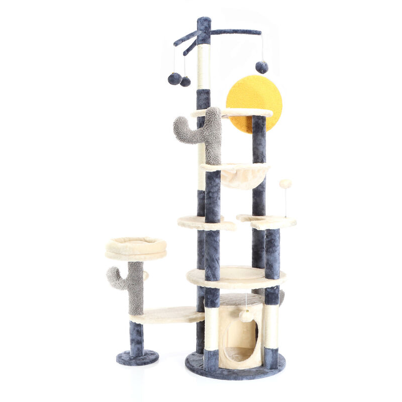 Fudajo - Kratzbaum im Kaktusdesign Dunkelgrau 172 cm, Katzenkratzbaum mit Katzenhaus u. Liegemulde, Katzenbaum mit Sisal, Katzenmöbel mit Spielbälle