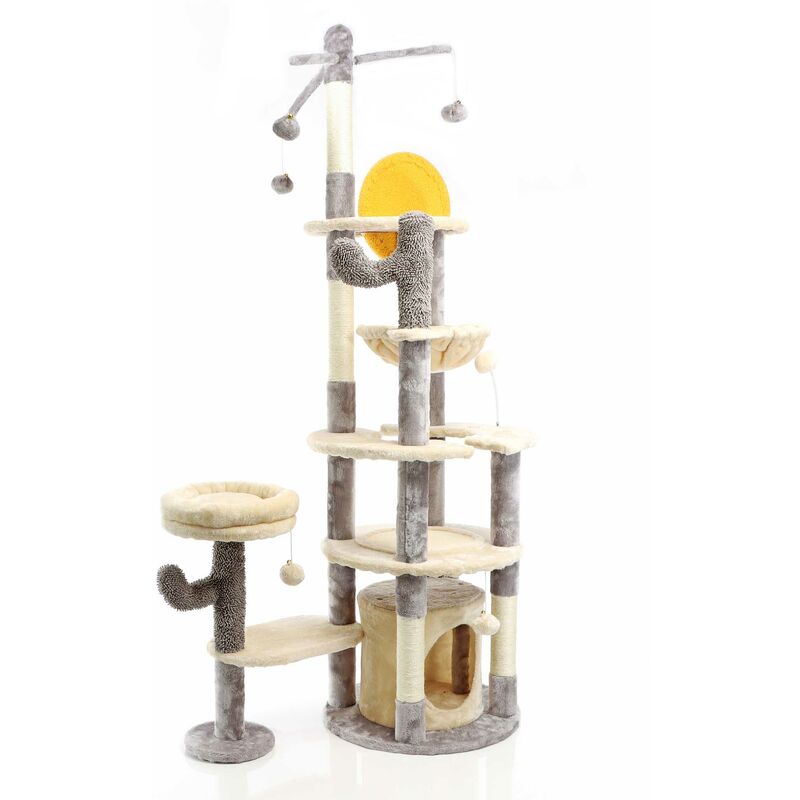 Fudajo - Kratzbaum im Kaktusdesign Hellgrau 172 cm, Katzenkratzbaum mit Katzenhaus u. Liegemulde, Katzenbaum mit Sisal, Katzenmöbel mit Spielbälle