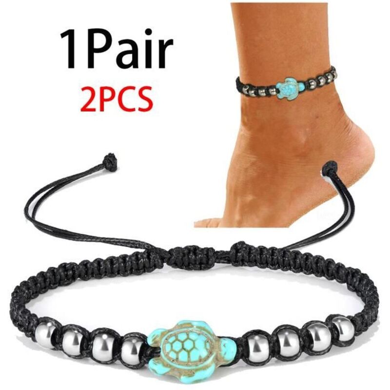 Fußkettchen, böhmisches Fußkettchen mit Türkisperlen, Fußschmuck mit Meeresschildkrötenmotiv, handgewebtes Fußkettchen