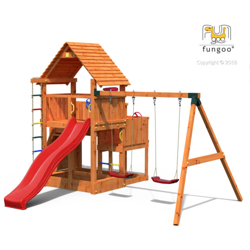 Fungoo - Spielturm 'Big Leader Move Red', teak, mit Doppelschaukel, Rutsche, Kletterwand, Holzdach und Sandkasten