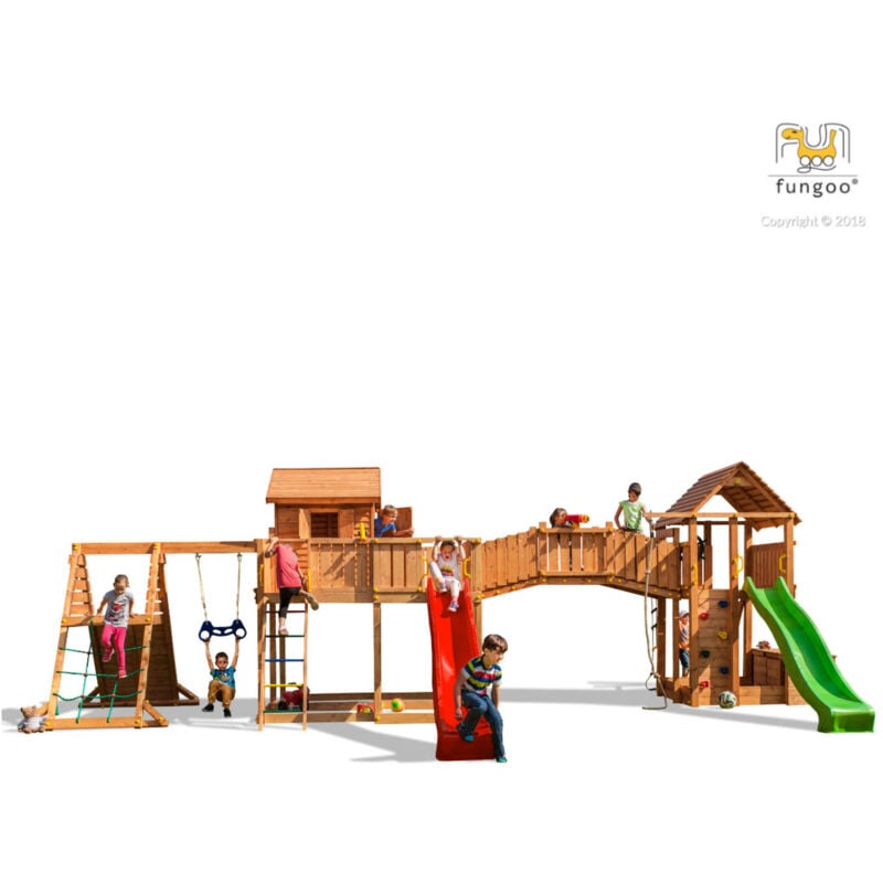 Spielturm 'Maxi Set Spider Land My Space xl Fortress Toybox Rainbow Spider+', teak, mit 2x Rutschen, 2x Spieltürmen, Verbindungsbrücke, Schaukel,