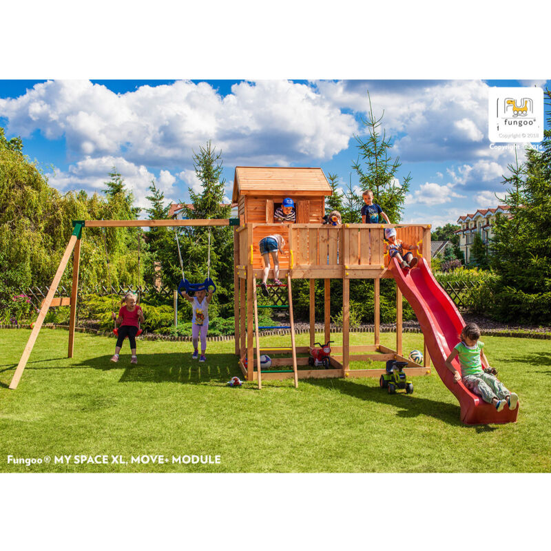 Thegoodgarden - Fungoo Spielturm 'My Space xl Move+', teak, mit Rutsche, Doppelschaukel, Kletterwand und Leiter