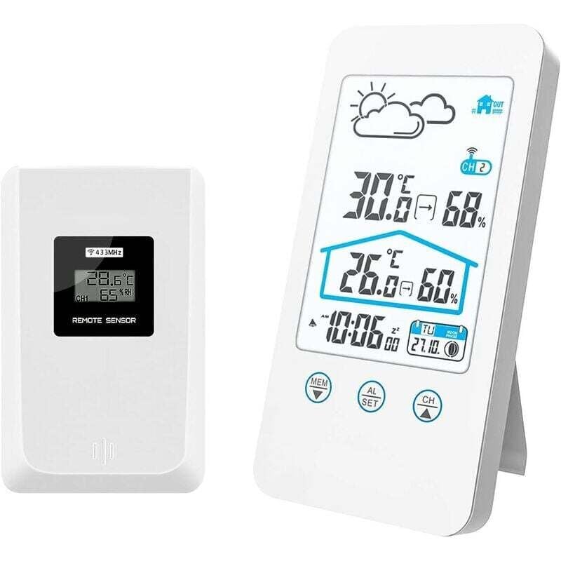 Kabellose Wetterstation, Indoor Wireless Digital Indoor Thermometer Luftfeuchtigkeit Barometer Wetterstation Uhr mit Außensensor (Weiß)