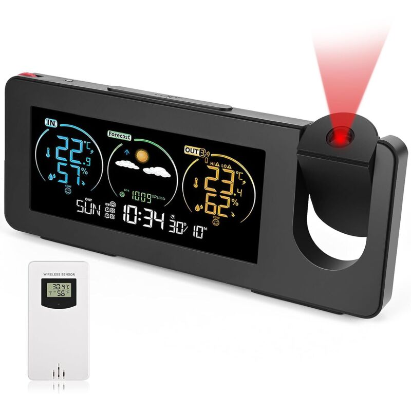 Funk-Wetterstation mit Außensensor, LCD-Bildschirm, Wettervorhersage, Temperatur, Wecker mit Schlummerfunktion, Wetterstation mit Projektor, für