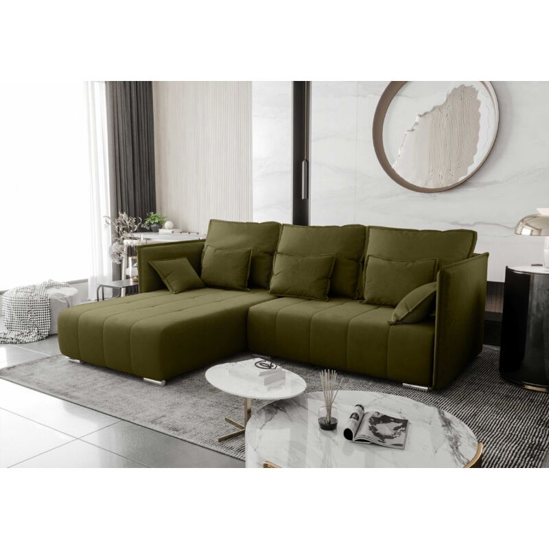 Yaho Eckcouch L-Form Couch Sofa Schlafsofa mit Schlaffunktion Bettkasten und Kissen modern Moos Grün mh 38 - Furnix