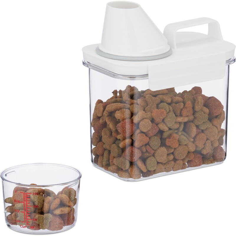 Relaxdays Futter Aufbewahrungsbox, Messbecher, luftdichter Deckel, 1,1 l, Trockenfutter, Müsli, Waschpulver, transparent