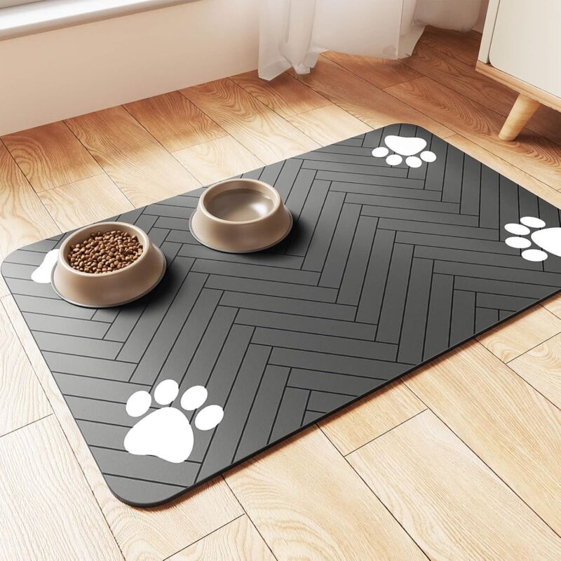 Futtermatte für Haustiere, saugfähiges Platzset für Futter- und Wassernapf, schnelltrocknend, für Hunde und Katzen (50 x 30 cm, dunkelgrau gestreift)
