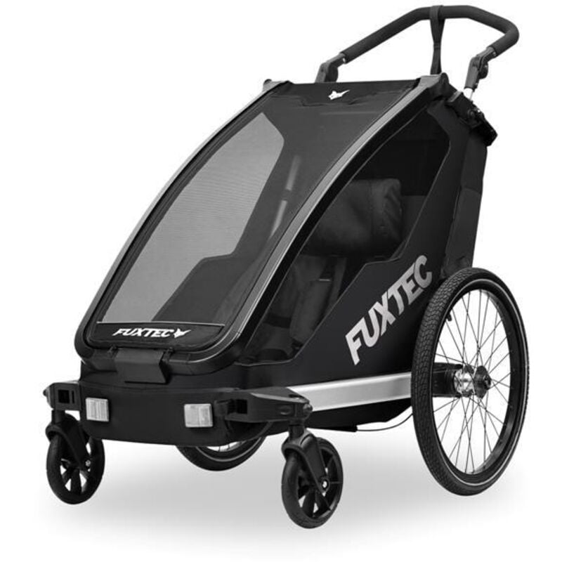 FUXTEC Fahrradanhänger FX-FA1S Schwarz, Einsitzer faltbar mit Kupplung, Schiebegriff, Regenschutz, 5-Punkt-Gurt, max. Zuladung 35 kg