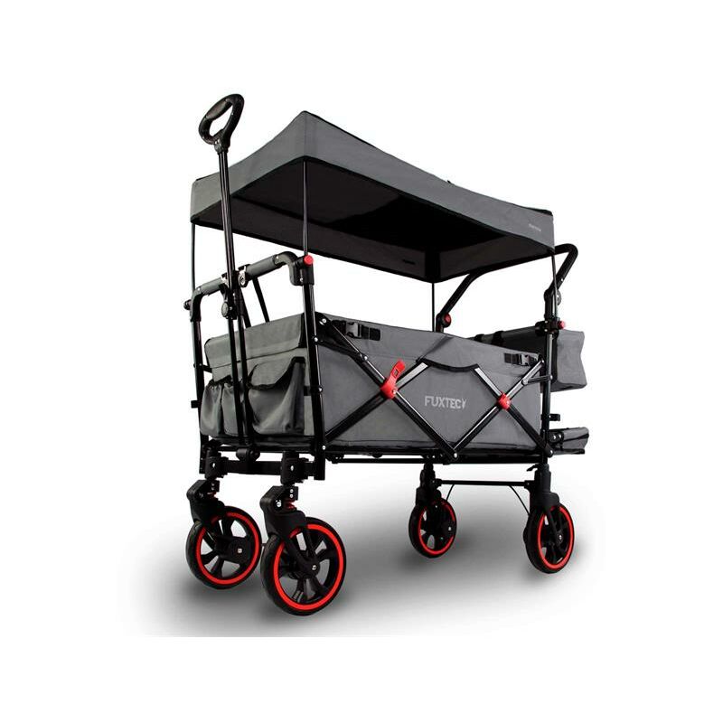 Faltbarer Bollerwagen FX-CT850 Grau – klappbar mit Dach, Vorder- und Hinterrad-Bremse, Vollgummi-Reifen & Innenraumverlängerung – für Kinder geeignet