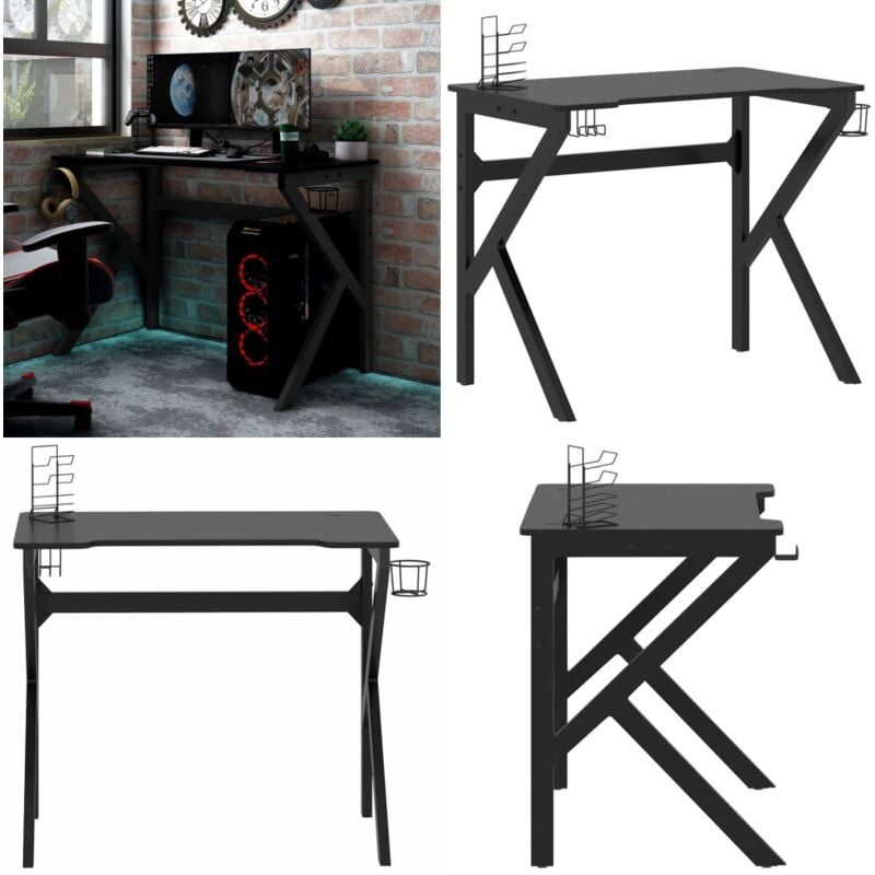 Gaming-Schreibtisch mit K-Gestell Schwarz 90x60x75 cm - Gaming Schreibtisch - Gamer Schreibtisch - Bürostuhl - Home Office - Etagen Regal - Home &