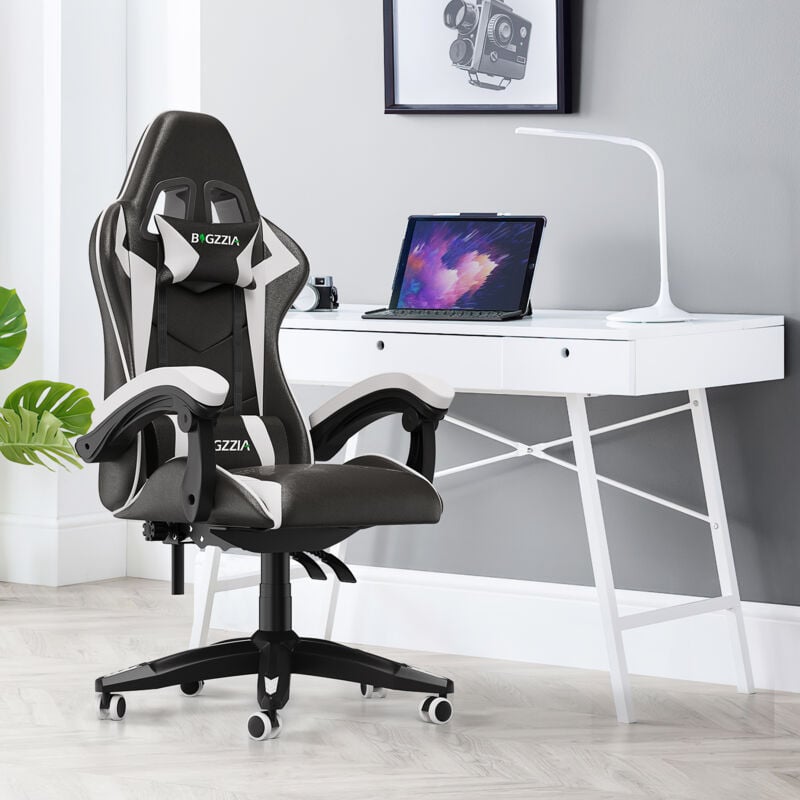 Gaming Stuhl 120kg - BIGZZIA - Gaming Sessel - Racing Gaming Stuhl - Computer stuhl mit rollen - Schwarz Weiß