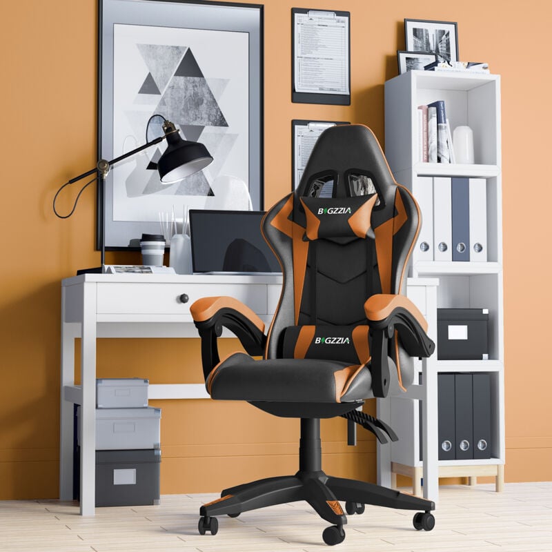 Gaming Stuhl 120kg - BIGZZIA - Gaming Sessel - Racing Gaming Stuhl - Computer stuhl mit rollen - Schwarz Orange