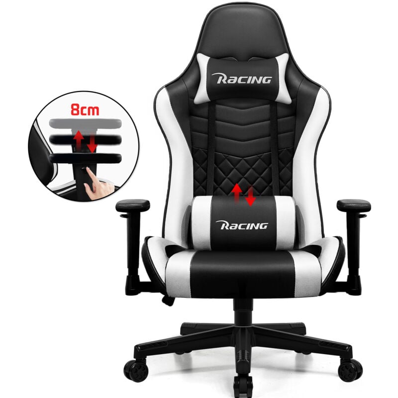 Authmic - Gaming-Stuhl, ergonomischer Gaming-Sessel mit 90° bis 172° Neigung, höhenverstellbar und mit verstellbaren Kissen - Schwarz