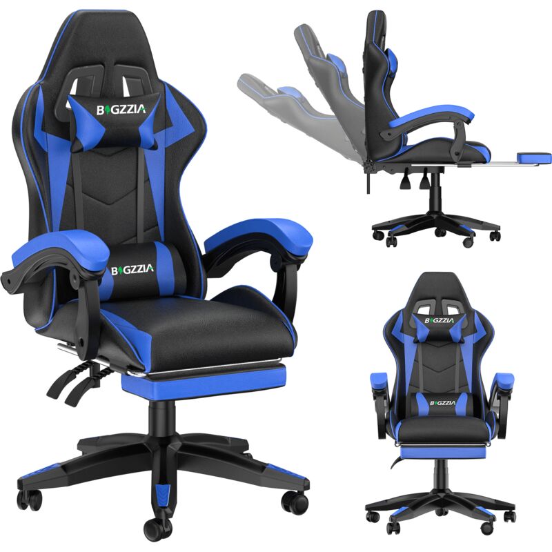Wowttrelax - Gaming-Stuhl, Gaming-Stuhl mit Teleskop-Fußstütze, 155° verstellbare Rückenlehne, mit Lordosen- und Kopfstützenstütze, Blau