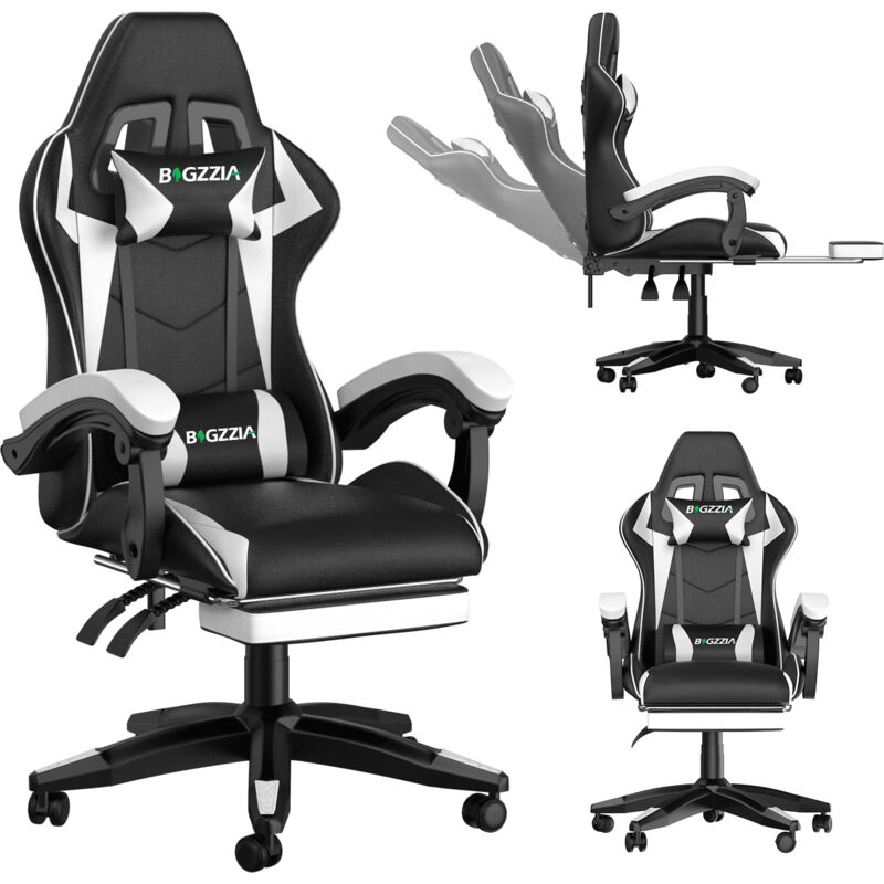 Bigzzia - Gaming Stuhl mit Fußstütze PU-Kunstleder Bürostuhl Ergonomisch - Gamer Stuhl Racing PC-Stuhl mit Lendenkissen - Weiß