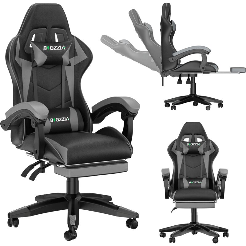 Gaming Stuhl mit Fußstütze - bigzzia PU-Kunstleder Bürostuhl Ergonomisch - Gamer Stuhl Racing PC-Stuhl mit Lendenkissen - Grau