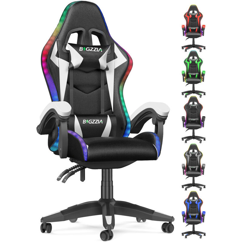 Gaming stuhl led Bigzzia Gaming Stühle rgb - mit Verstellbare Kopfstütze und Lendenwirbelstütze - Gamer stuhl mit Liegefunktion - Weiß