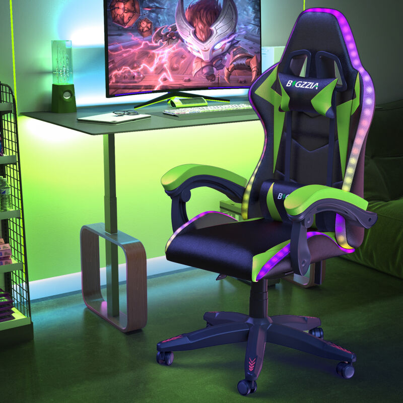 Wowttrelax - LED-Gaming-Stuhl Gaming-Stuhl Tragkraft 136 kg - mit 155° verstellbarer Rückenlehne - Grün
