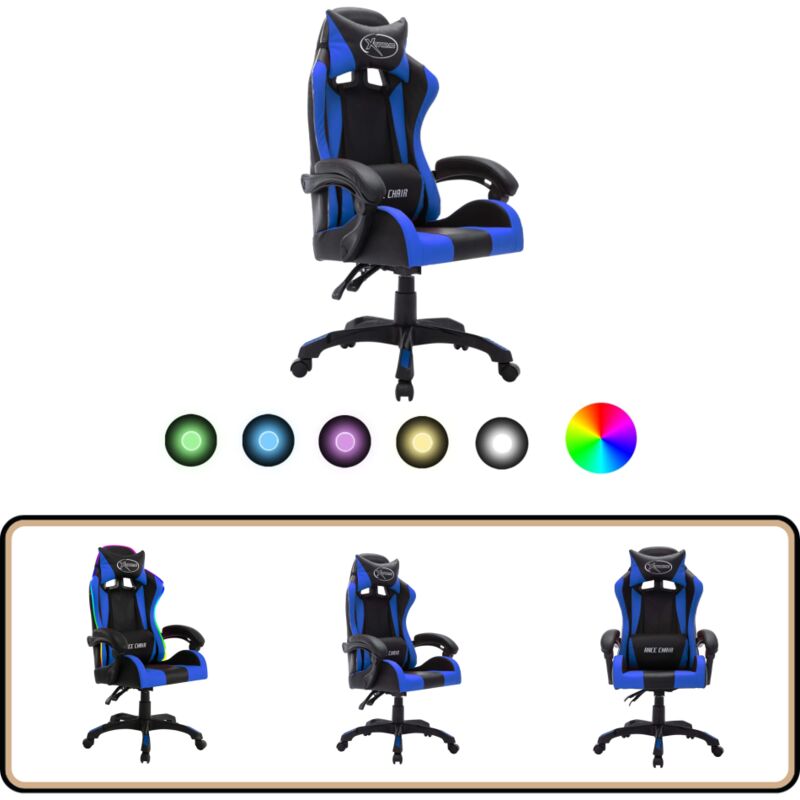 Vidaxl - Gaming-Stuhl mit rgb LED-Leuchten Blau und Schwarz Kunstleder - Gaming-Stuhl - Bürostuhl - PC-Stuhl - Ergonomischer Stuhl - Led-Beleuchtung