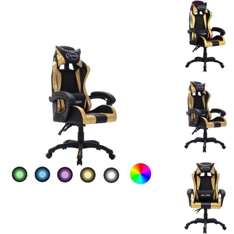 Gaming-Stuhl mit rgb LED-Leuchten Gold und Schwarz Kunstleder - Racing-Stuhl - Racing-Stühle - Bürostuhl - Bürostühle