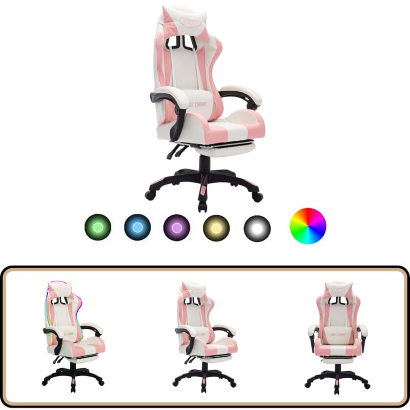 Vidaxl - Gaming-Stuhl mit rgb LED-Leuchten Rosa und Weiß Kunstleder - Gaming-Stuhl - Bürostuhl - PC-Stuhl - Ergonomischer Stuhl - Led-Beleuchtung