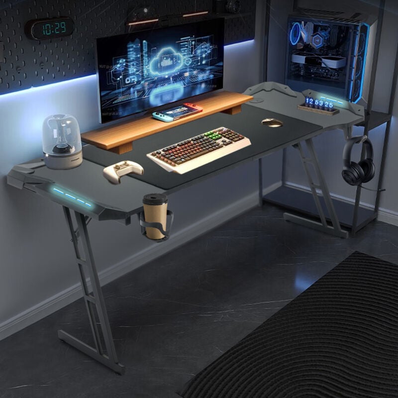 Gaming Tisch 120 x 60cm led Gaming Schreibtisch Stabiler Computertisch pc Tisch Schwarz mit Getränkehalter & Kohlefaserbeschichtung 2 Öffnungen für