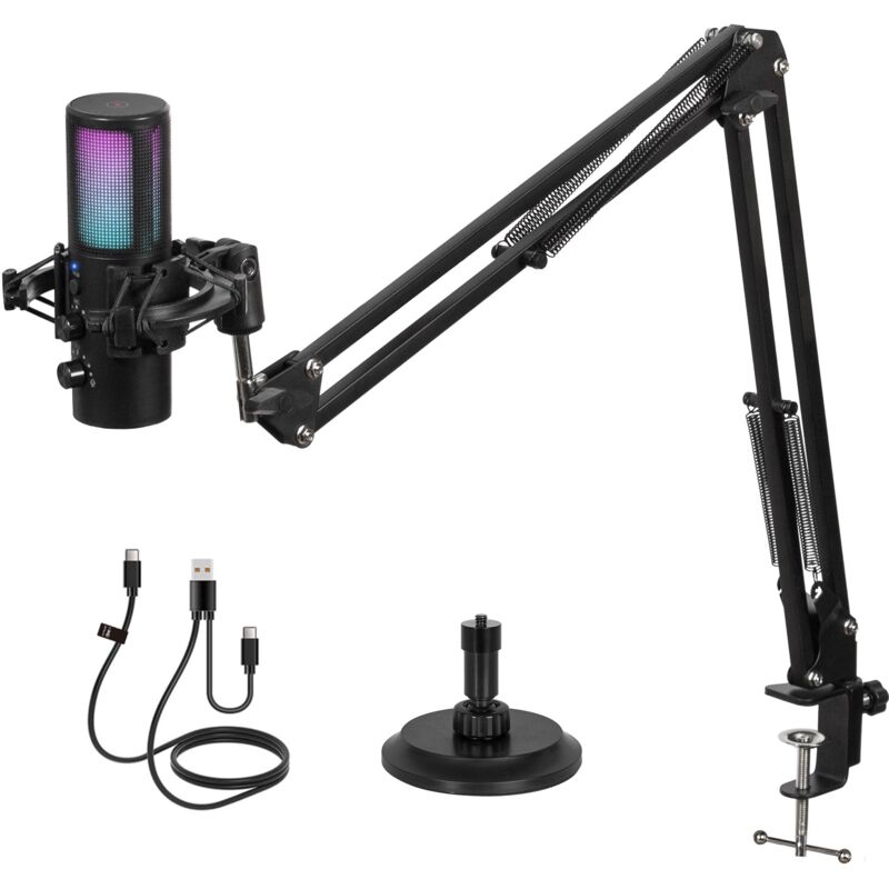 Gaming usb Mikrofon mit Steuerbare rgb Licht, Geräuschunterdrückung Kondensator Mikrofon mit Galgenarm und Mikrofon Ständer,