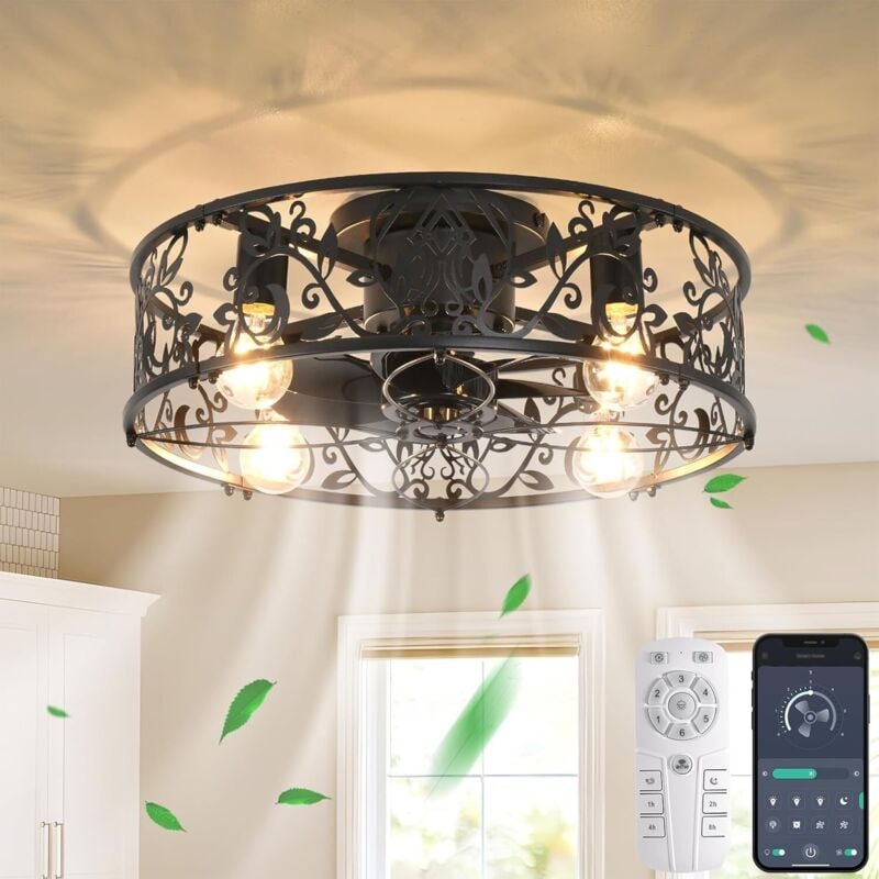 Ganeed - Käfig Deckenventilator mit Lichtern Industriestil Bauernhaus Deckenbeleuchtung 51cm Low Profile Deckeneinbauleuchte E27 mit Fernbedienung