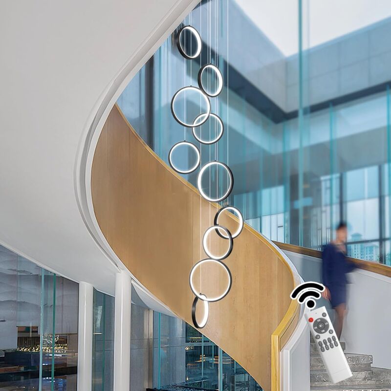 Ganeed Schwarzer moderner Kronleuchter, Luxuriöser Moderner LED Kronleuchter, Dimmbar, Lange Treppen Kronleuchter, Beleuchtung für Moderne Hohe