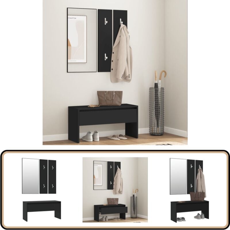 Garderoben-Set Schwarz Holzwerkstoff - Flurbank - Garderobe - Schuhschrank - Eingangsbereich Möbel - Schwarze Möbel