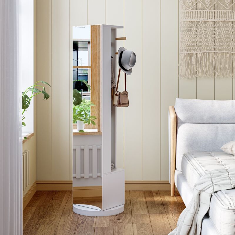 Garderobenständer, Kleiderständer mit Ganzkörperspiegel, um 360° drehbar, Kleiderstange und 2 Schubladen – Multifunktionaler Kleiderständer – Weiß