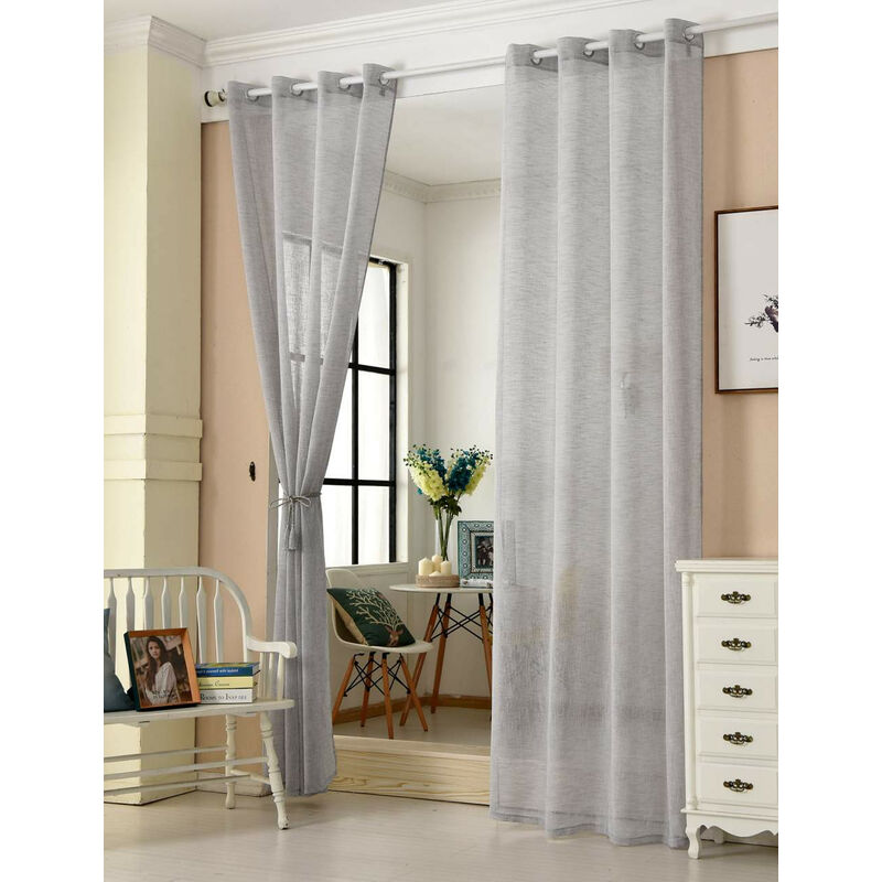 2er-Set Gardinen transparent mit Ösen Leinen Optik hellgrau 140x225 cm - Woltu