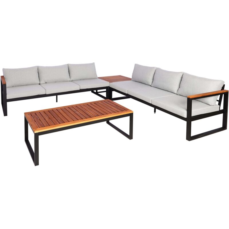 Garten-Garnitur HHG 066, Gartenlounge Lounge-Set Sitzgruppe Sofa, Metall Akazie Holz MVG-zertifiziert hellgrau