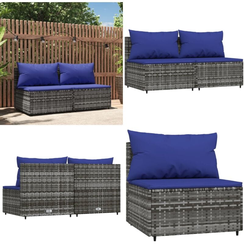 Garten-Mittelsofas mit Kissen 2 Stk. Grau Poly Rattan - Gartensofa - Outdoor Möbel - Lounge Set - Gartenlounge - Rattan Möbel - Home & Living