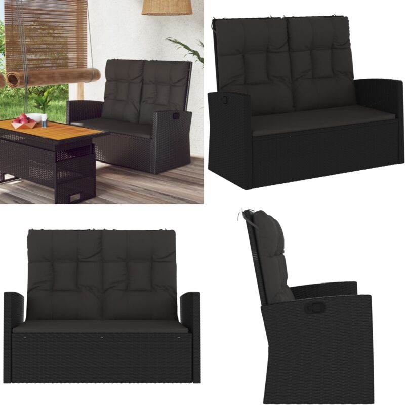 Vidaxl - Gartenbank mit Liegefunktion & Kissen Schwarz 118cm Poly Rattan - Gartenbank - Relaxbank - Rattan Möbel - Gartenmöbeln - Outdoor Möbel