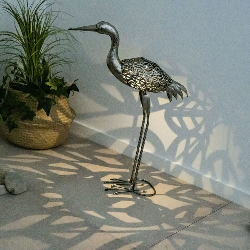 Gartendeko Figuren led Figuren für Garten Gartendeko Tiere für Außen Balkon Figuren Terrasse Deko, Kranich Metall, grau, LxH 29 x 77 cm