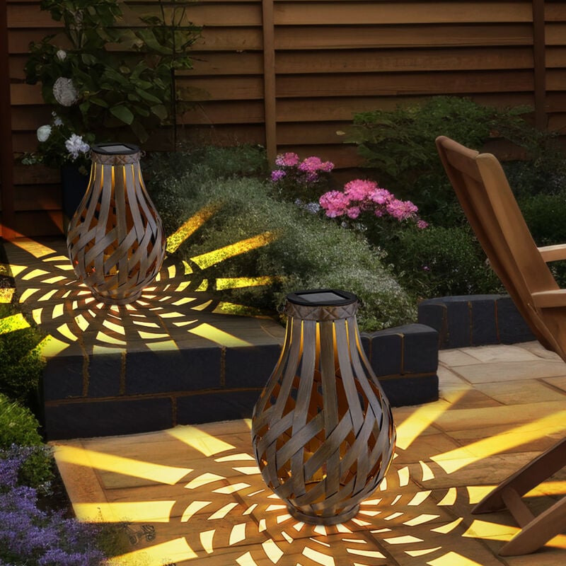 Gartendeko Laterne Solar Windlicht mit Bambusgeflecht zum Aufhängen oder Hinstellen, led warmweiß, DxH 27x17,5 cm, Garten Terrasse, 2er Set