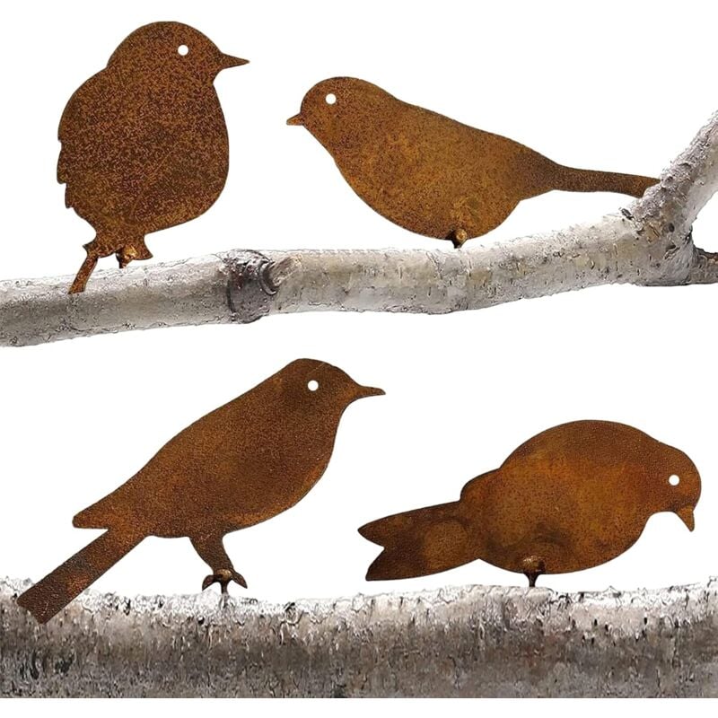 Memkey - Gartendeko Roststecker, 4 Metallvögel mit Schrauben, Gartenvögel Silhouette Deko, Metall Gartendeko mit Rosteffekt Patina, Gartendeko