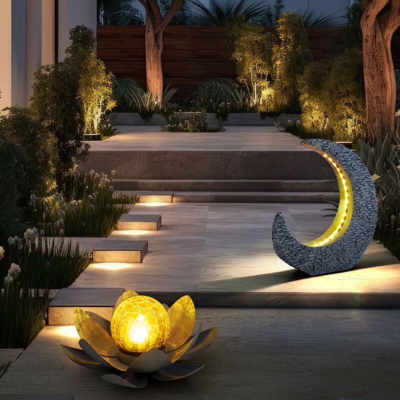 Gartendeko Solarlampen für Außen Lotosblume Tischdeko Gartentisch Garten Solarleuchte für Balkon, Mondsichel mit Stein Optik Grau Gold, led, 2er Set