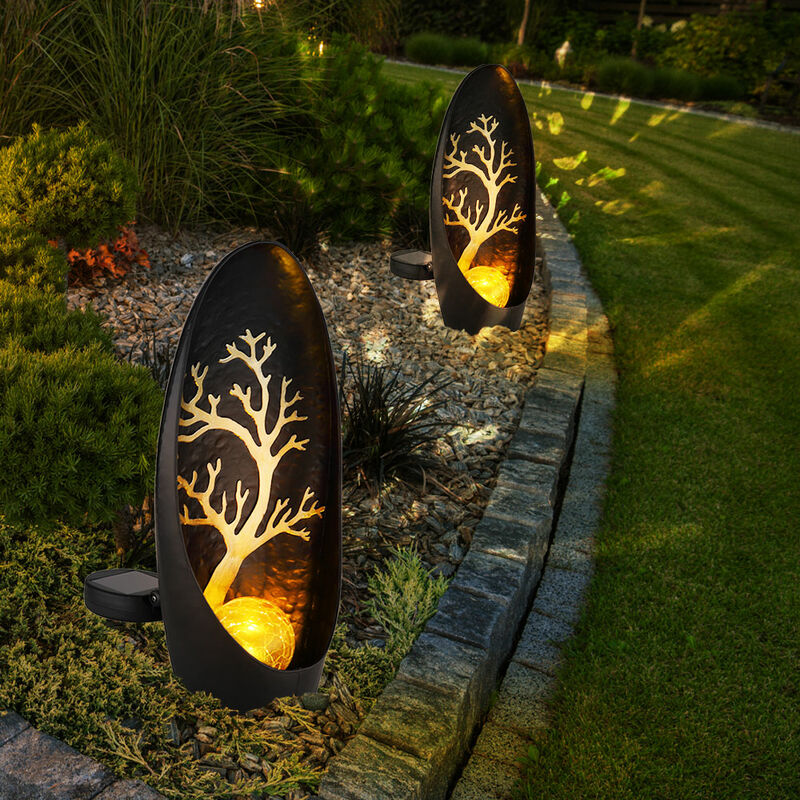 Gartendeko Solarlampen für Außen Outdoor Balkon Deko schwarz silber Baum Glaskugel, IP44 Akku Metall, 1x led, LxBxH 14x7x30cm, 2er Set