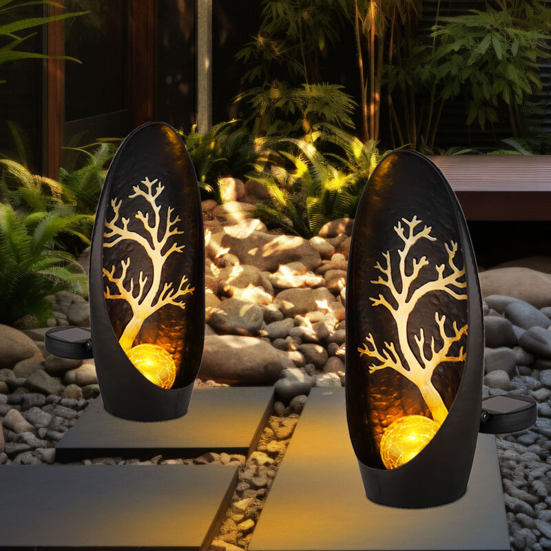 Gartendeko Solarlampen für Außen Outdoor Balkon Deko schwarz silber Baum Glaskugel, IP44 Akku Metall, 1x led, LxBxH 14x7x30cm, 2er Set