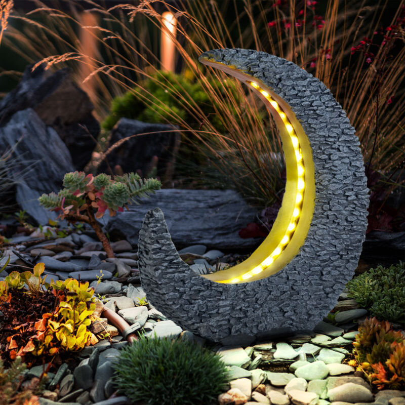 Gartendeko Solarlampen für Außen Tischdeko Gartentisch Garten Solarleuchte für Balkon, Mondsichel Stein Optik Grau Gold, led warmweiß, LxH 28 x 31 cm