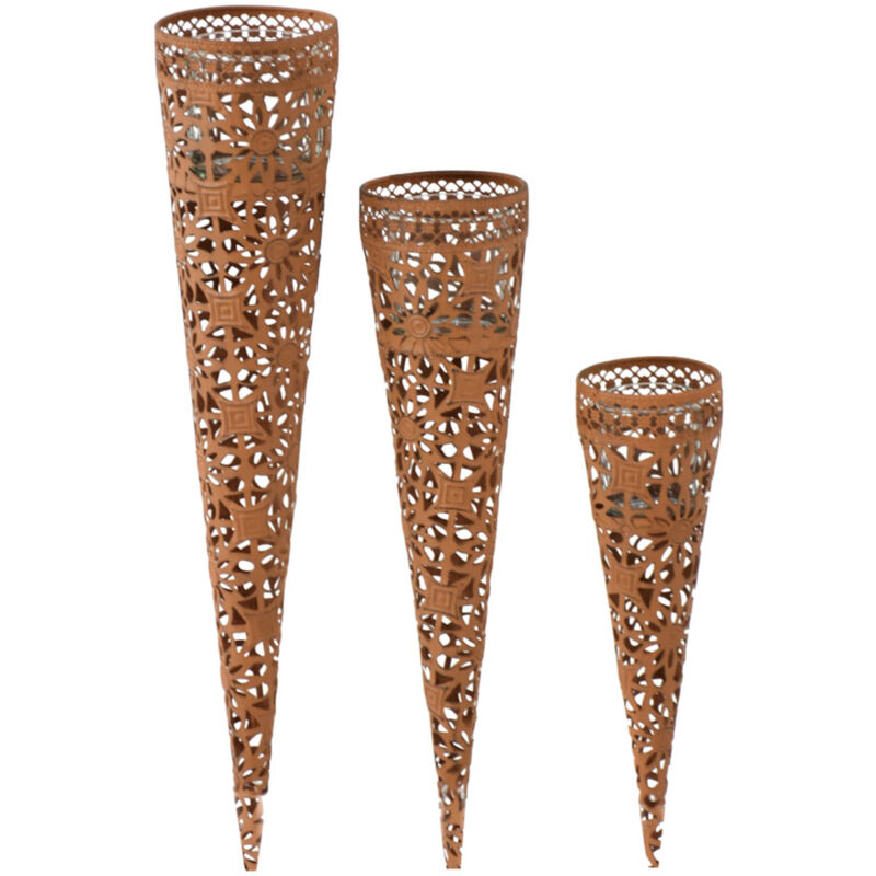 Gartendeko Windlicht Erdspieß Kerzenhalter Außenbereich Gartenstecker Kerzenständer Stahl, inkl. Teelichthalterung, Höhen 29-41-51,5 cm, 3er Set