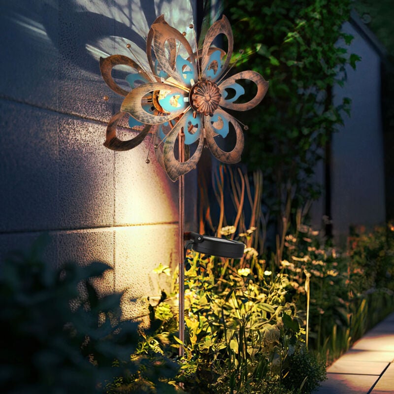 Gartendeko led Solarlampe Windrad Terrassenlampe Außenlampe Erdspieß, Metall gold blau, Bruchglas, warmweiß, LxH 22,5 x 92 cm