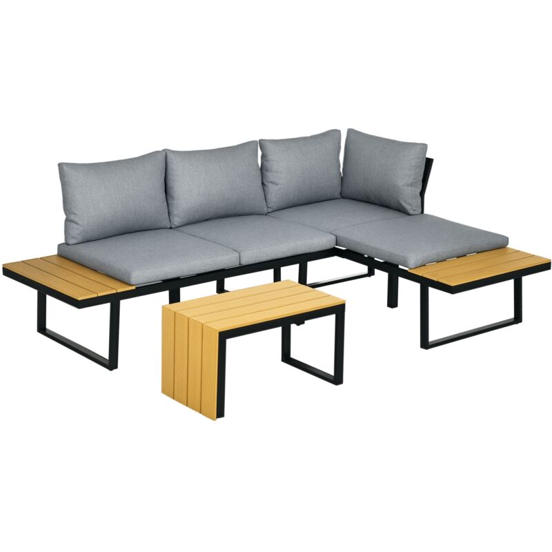 3-tlg. Gartenmöbel-Set, Balkonmöbel mit Sitzkissen, Gartenlounge-Set mit Ecksofa, Doppelsofa, Couchtisch, für Terrasse, Balkon, Alu, Dunkelgrau+Natur