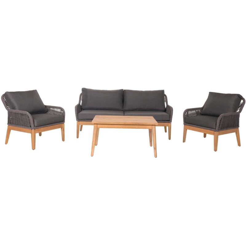 Gartengarnitur HHG 662b, Lounge-Set Gartenlounge Sofa Sessel Tisch, Seilgeflecht Rope Holz Akazie dunkelgrau