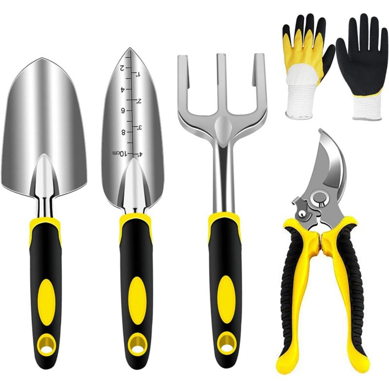 Gartengeräte-Set, Gartengeräte-Set aus Edelstahl, Gartengeräte-Set mit Gartenschere, Handkelle, Pflanzkelle, Rechen, Handschuhen