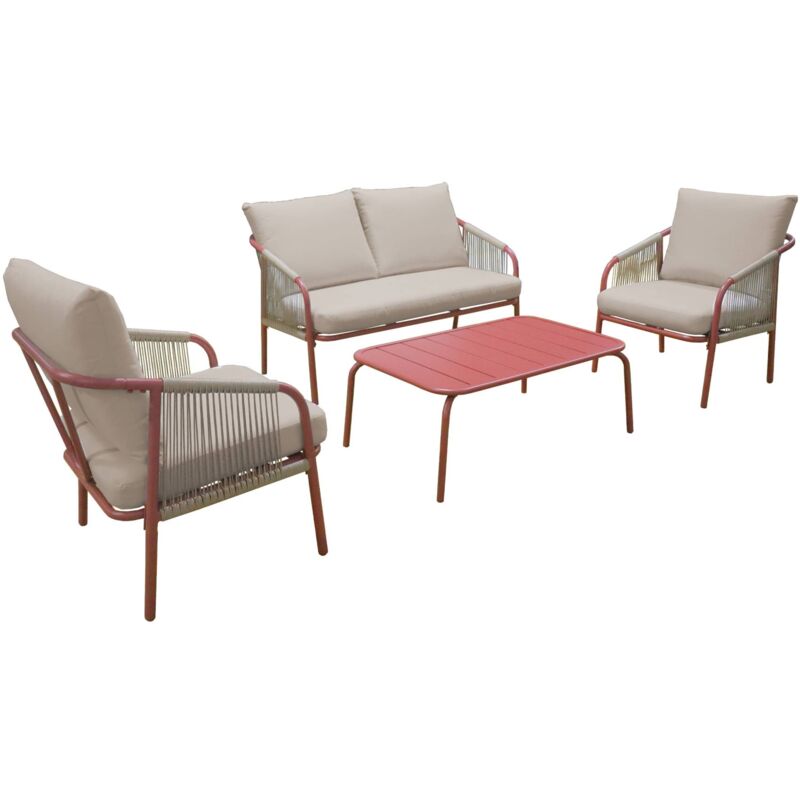 sweeek - Gartenlounge-Set aus Stahl, für 4 Personen Terrakotta / Beige
