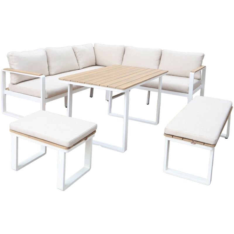 sweeek - Gartenlounge-Set für 8 Personen aus Akazienholz und Aluminium Weiß / Beige